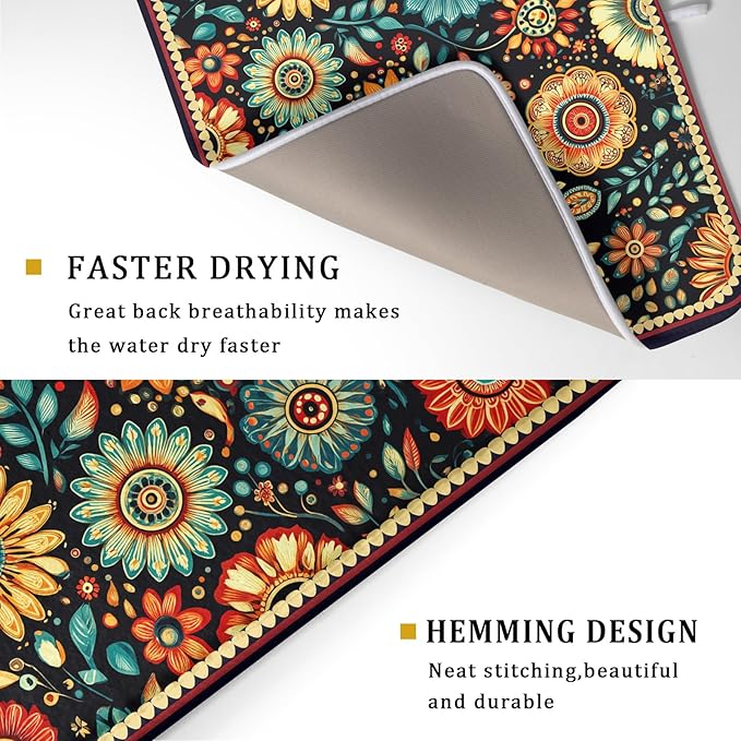 Boho Floral Dish Drying Mat for Kitchen Counter Absorbent Microfiber Flowers - Image 3