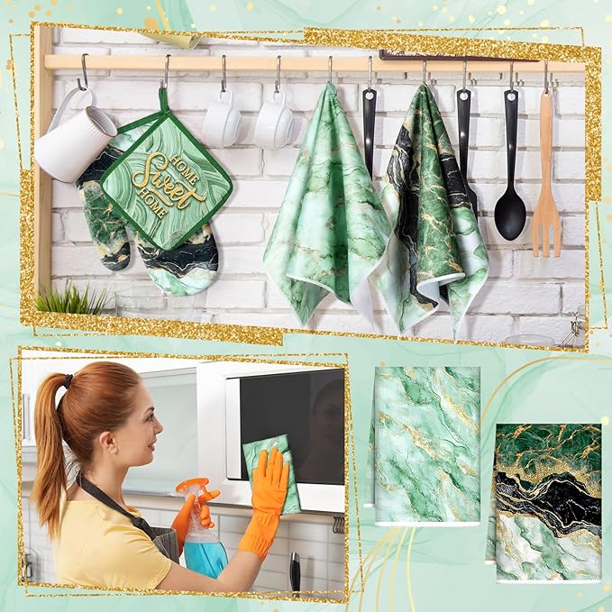 Bencailor 6 Pcs Marble Kitchen Decor Gold Pot Holders Oven Mitts 2 Dish Towels - Image 2