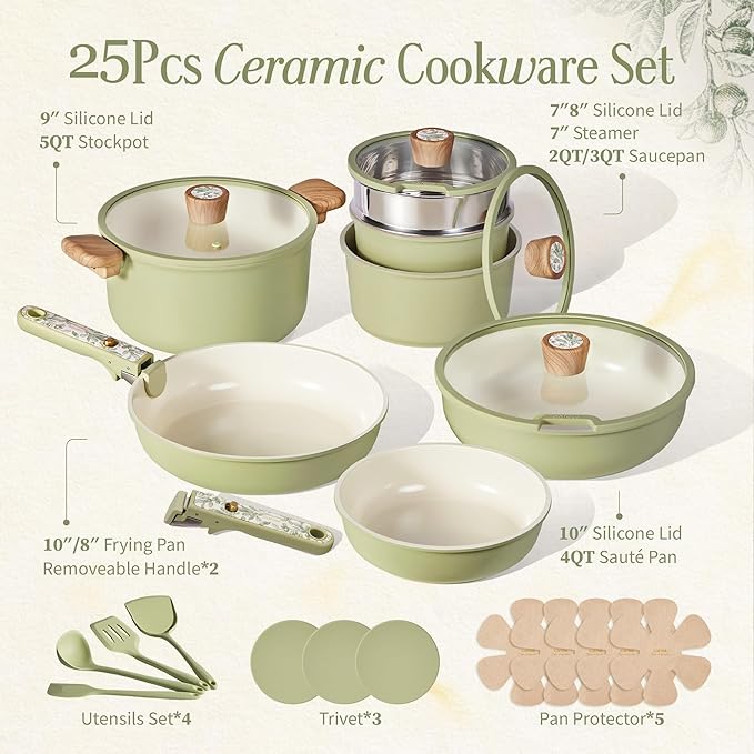 CAROTE 25-Piece Ceramic Cookware Set, Nonstick Pots and Pans Set - Image 2
