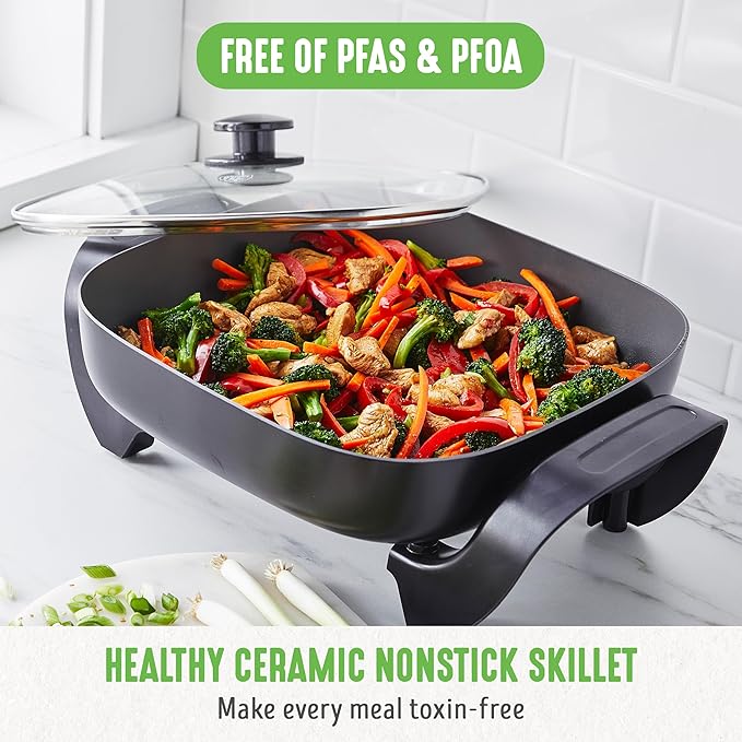 GreenLife 12" 5QT Square Electric Skillet, Glass Vented Lid, Ceramic PFAS-Free - Image 2
