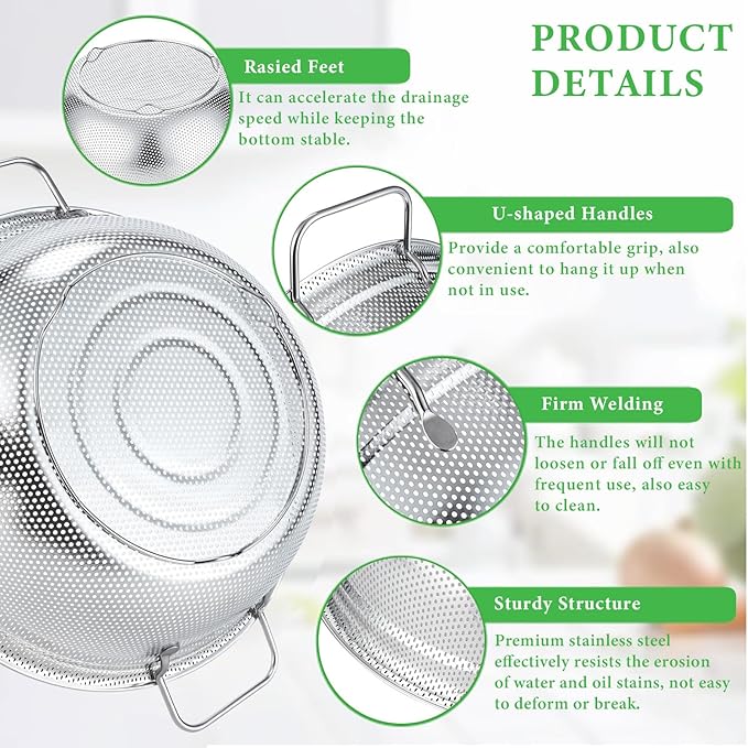 Colander Set of 3, Stainless Steel Micro-Perforated Colanders Strainers - Image 5