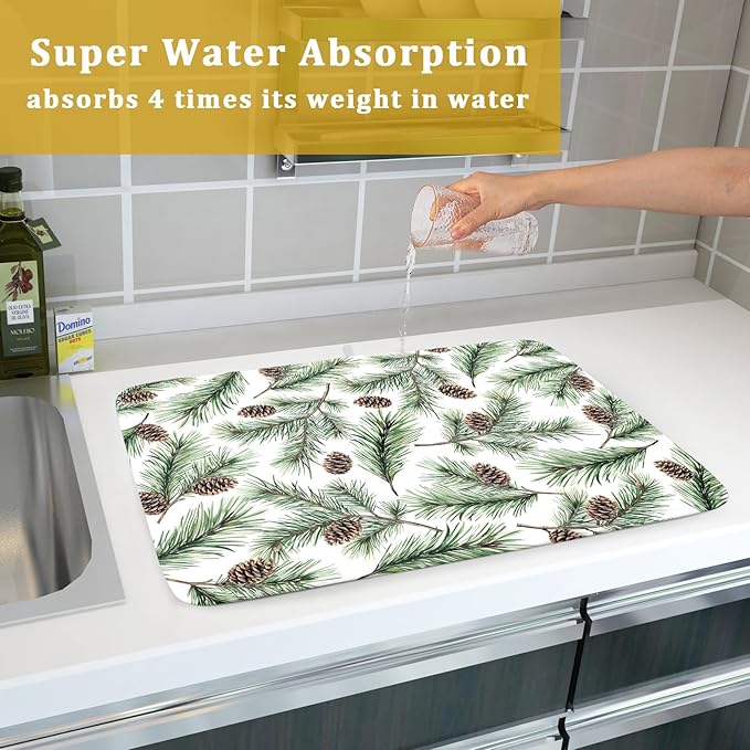 Winter Dish Drying Mat for Kitchen Counter Pine Needle Cone Festival Xmas - Image 7