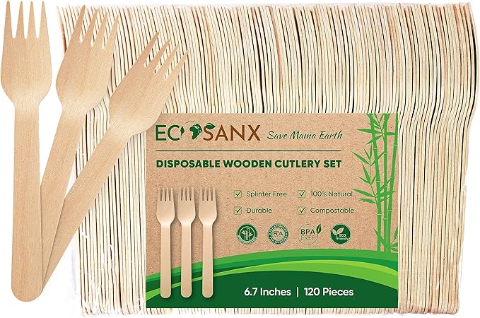 ECOSANX® 120 PCs Wooden forks for eating 6.5" Splinter Free Compostable Forks by ECOSANX