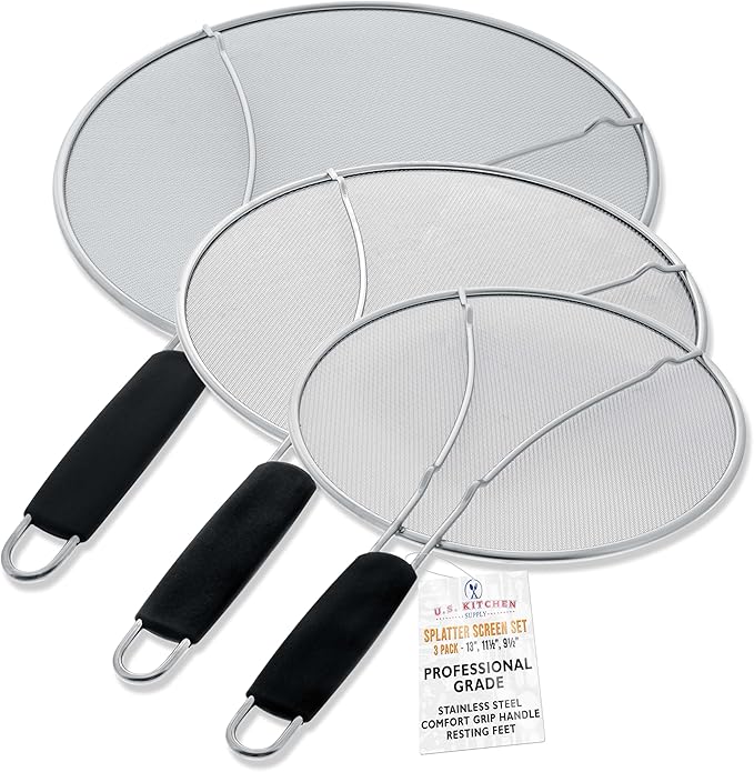 U.S. Kitchen Supply 3-Piece Stainless Steel Splatter Guard Set Fine Mesh Cover by USKitchenSupply