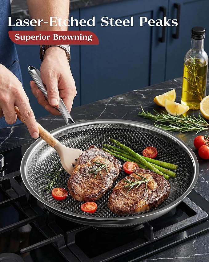 Honeycomb Stainless Steel Nonstick Frying Pan, Induction Cooktop Compatible - Image 3