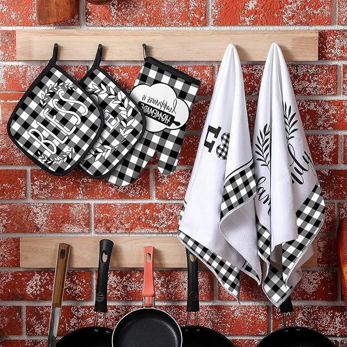 5 Pieces Buffalo Plaid Kitchen Towels Oven Mitts and Pot Holder Set Black and - Image 5