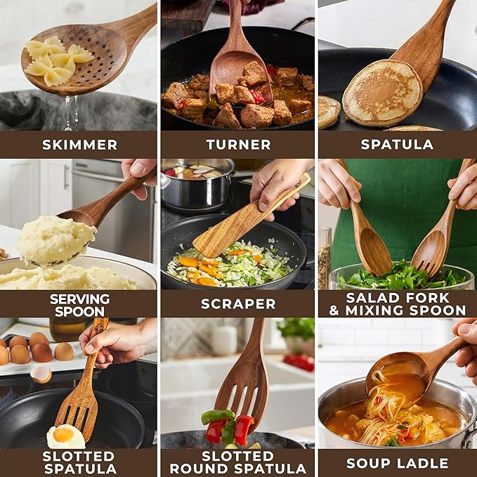 Wooden Spoons for Cooking – 10 Pcs Premium Teak Wooden Utensil Set - Image 4