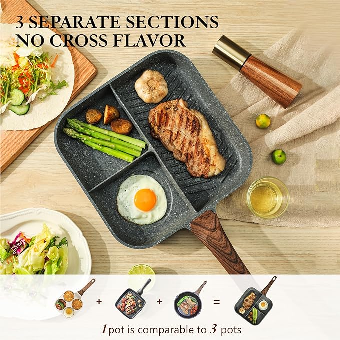 Sensarte Nonstick 11-Inch Square Grill Pan, 3-Section Versatile Breakfast - Image 2