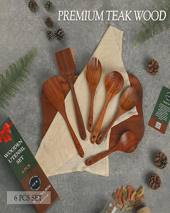 6-Piece Natural Teak Wood Utensil Set - Image 2