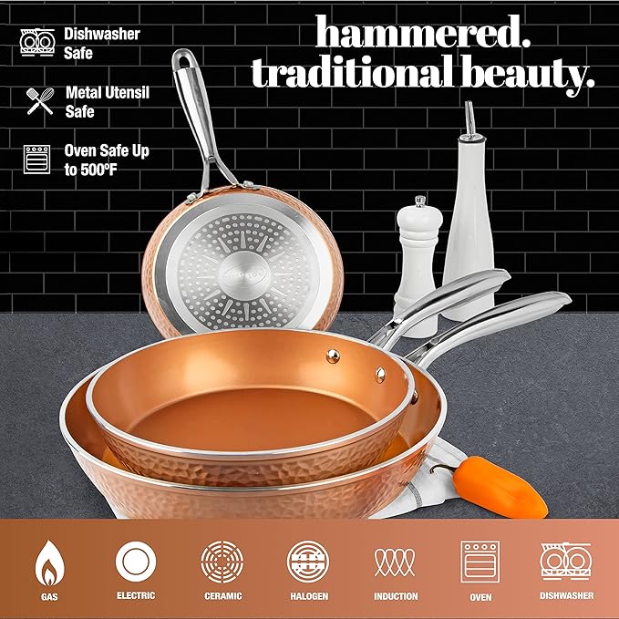Gotham Steel Hammered Frying Pan Set, 3 Piece Nonstick Copper Fry Pans - Image 4