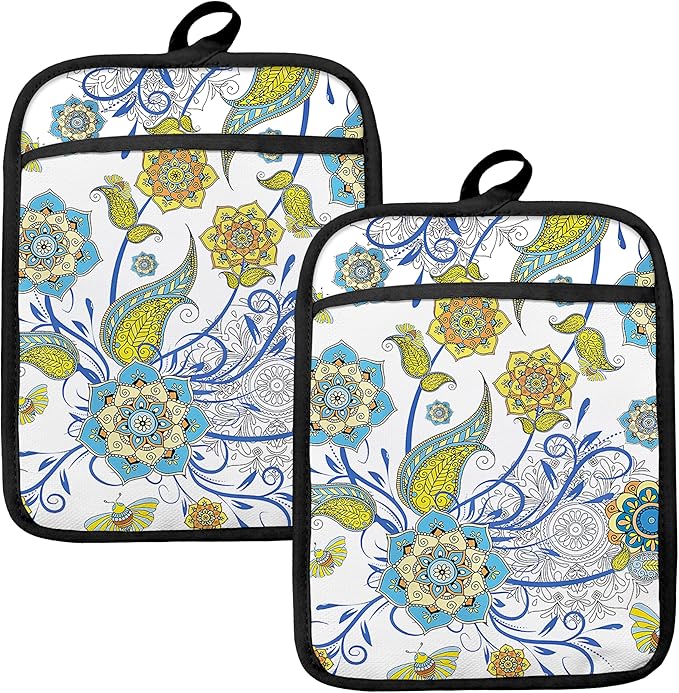 Boho Floral Oven Mitts Set, Vintage Luxury Blue and Gold Flower Floral Heat by HUGANE