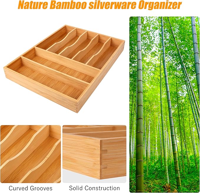 Bellsal Bamboo Silverware Drawer Organizer, Kitchen Utensil Drawer Organizers - Image 5