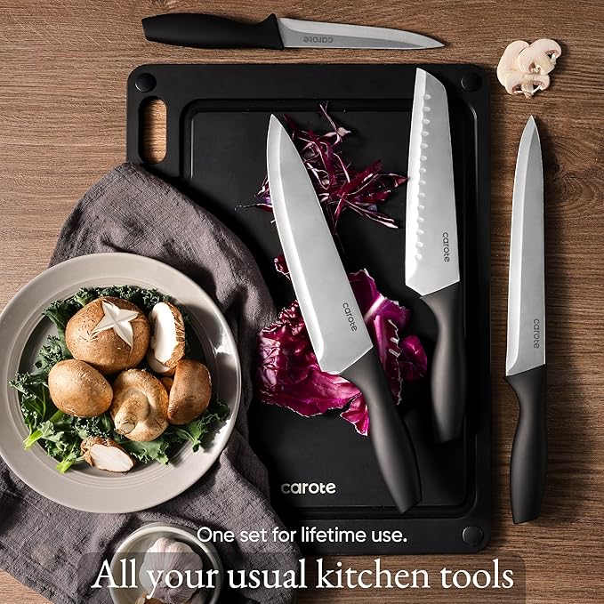 CAROTE Knife Set, Rustproof Stainless Steel 5 Kitchen Knife Set, Plain Black - Image 7