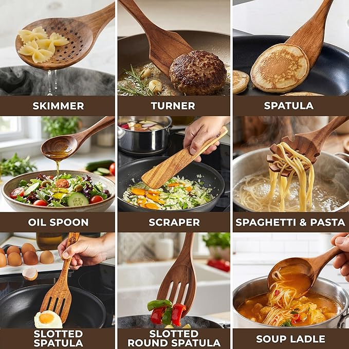 Wooden Spoons for Cooking – 13 Pcs Premium Teak Wooden Utensil Set - Image 8