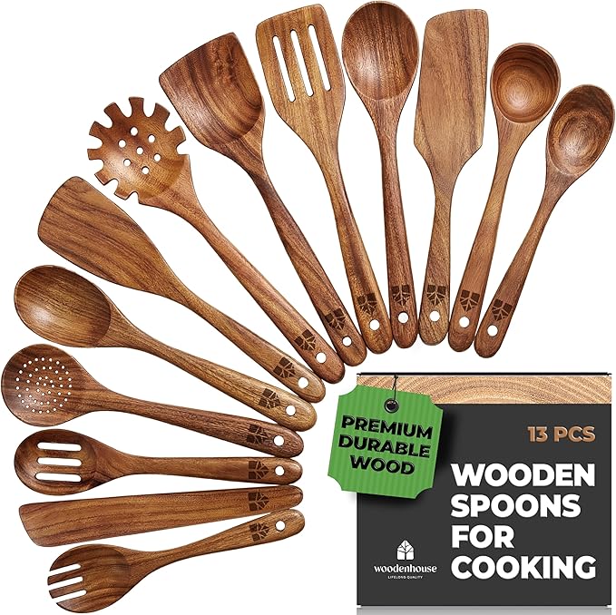 Wooden Spoons for Cooking – 13 Pcs Premium Teak Wooden Utensil Set by Woodenhouse