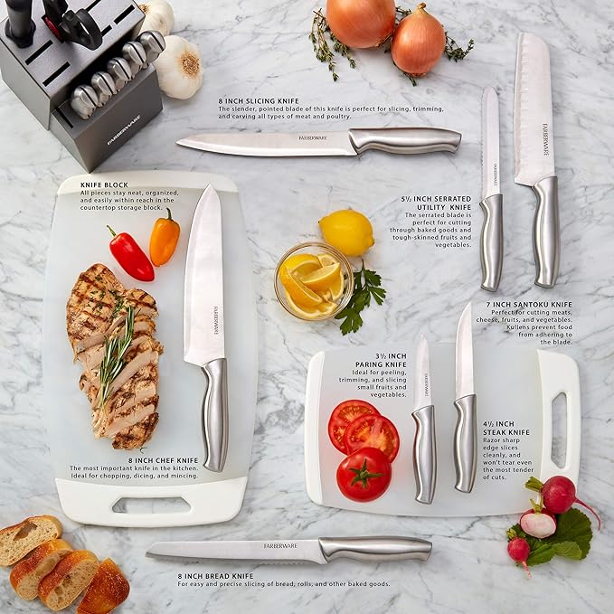 Farberware 15-Piece Stamped Stainless Steel Knife Block Set, High-Carbon - Image 5