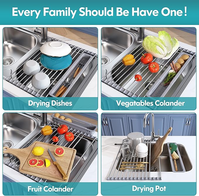 JASIWAY Roll Up Dish Drying Rack, Expandable Stainless Steel Portable Drainer - Image 4