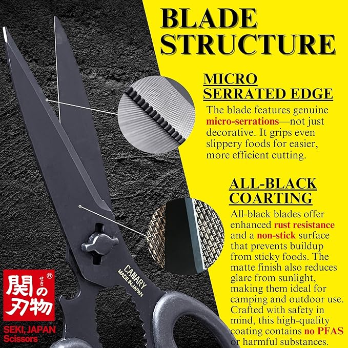 CANARY Japanese Kitchen Scissors All Purpose Heavy Duty 8.2" Matte Black - Image 4
