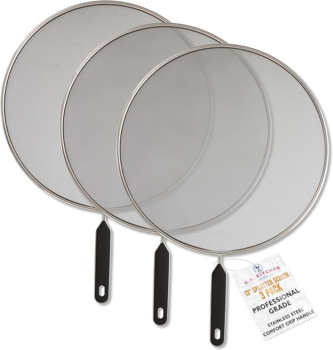 U.S. Kitchen Supply 3-Piece Stainless Steel Splatter Guard Set 13" Fine Mesh by USKitchenSupply