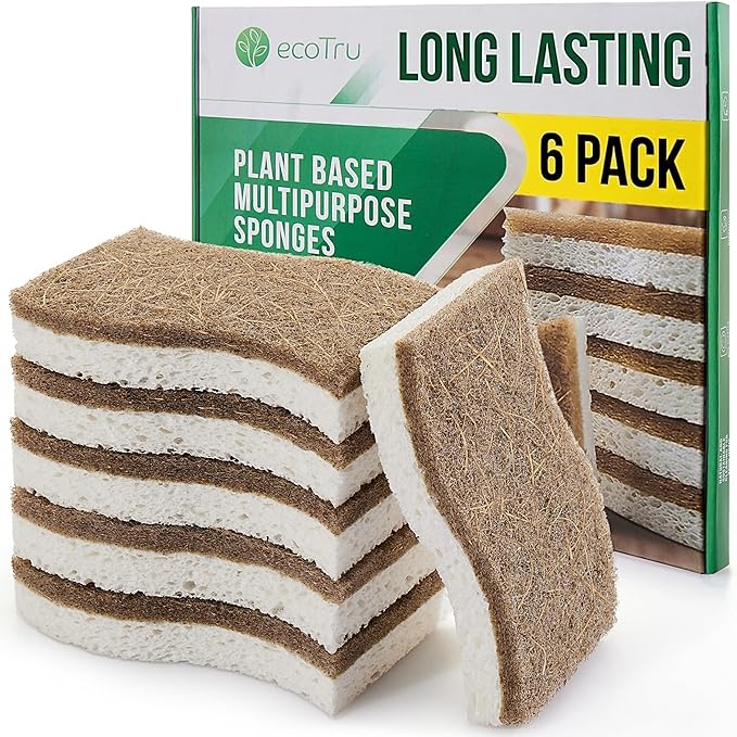 6 Pack Natural Kitchen Sponges, Compostable White Cellulose & Organic Coconut by ecoTru