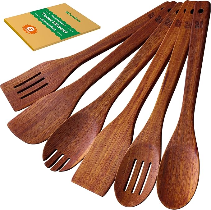 Riveira Teak Wooden Spoons for Cooking Set of 6 – Natural Teak Wooden Cooking by Riveira
