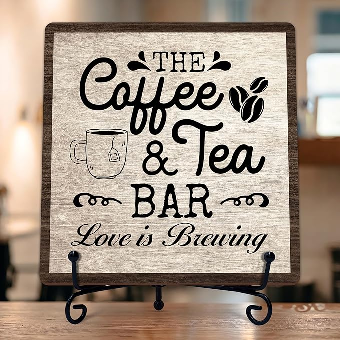 Coffee Bar Sign, Love is Brewing Farmhouse Tabletop Decor, Coffee and Tea Lover by TIRYWT