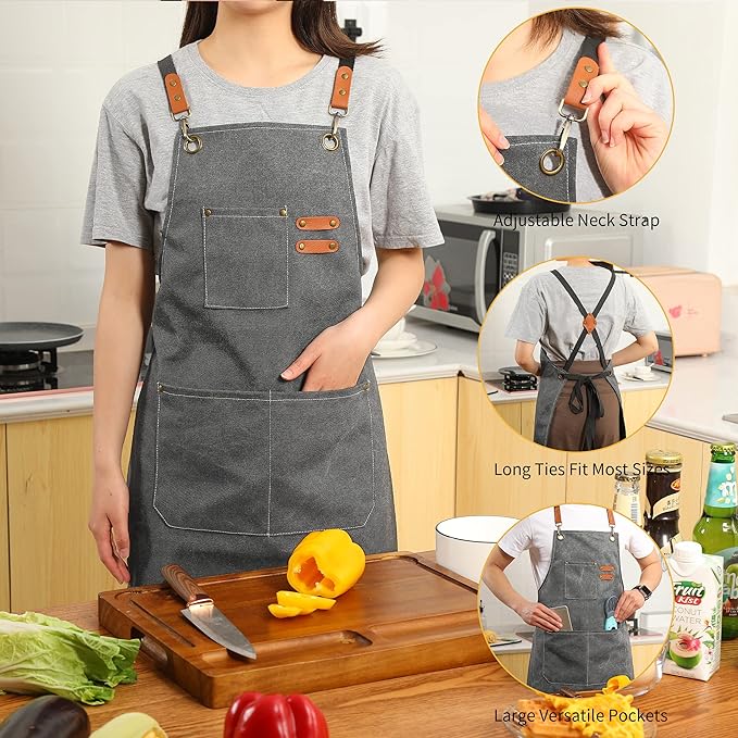 Tosewever Canvas Cross Back Chef Cotton Aprons - Image 3