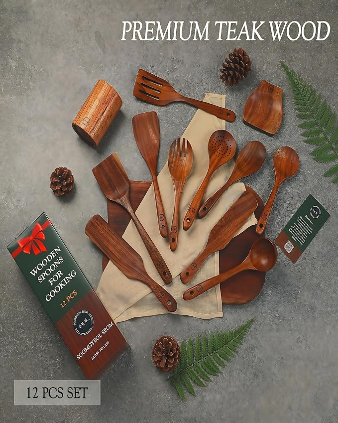 12-Piece Natural Teak Wood Utensil Set - Image 2