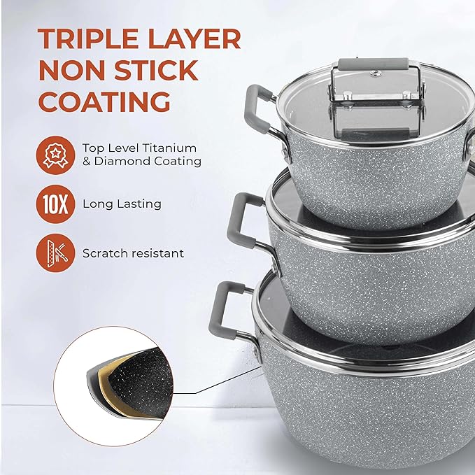 Granitestone Gray Pots and Pans Set Nonstick, 6 Stackable Piece Cooking Pots Set - Image 3