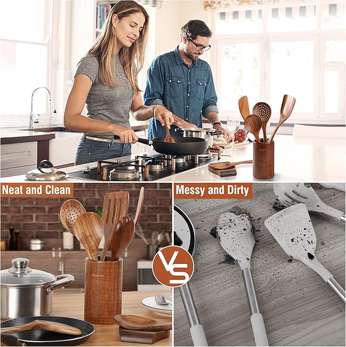 Mooues 12 Piece Wooden Spoons for Cooking, Wooden Utensils for Cooking - Image 7