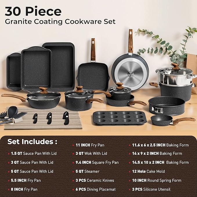 30 Piece Pots and Pans Set Non Stick, Granite Induction Cookware Sets, Nonstick - Image 6