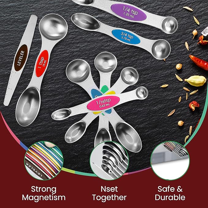 Magnetic Measuring Spoons Set of 9 Stainless Steel Dual-Sided Stackable - Image 6