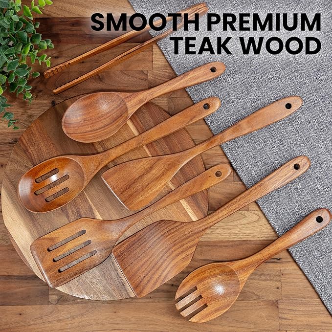 Zulay Kitchen Teak Wood Utensil Set – 7 Piece Wooden Cooking Utensils – Slotted - Image 3