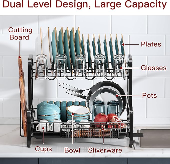 2 Tier Black Dish Drainer Drying Rack - Image 3