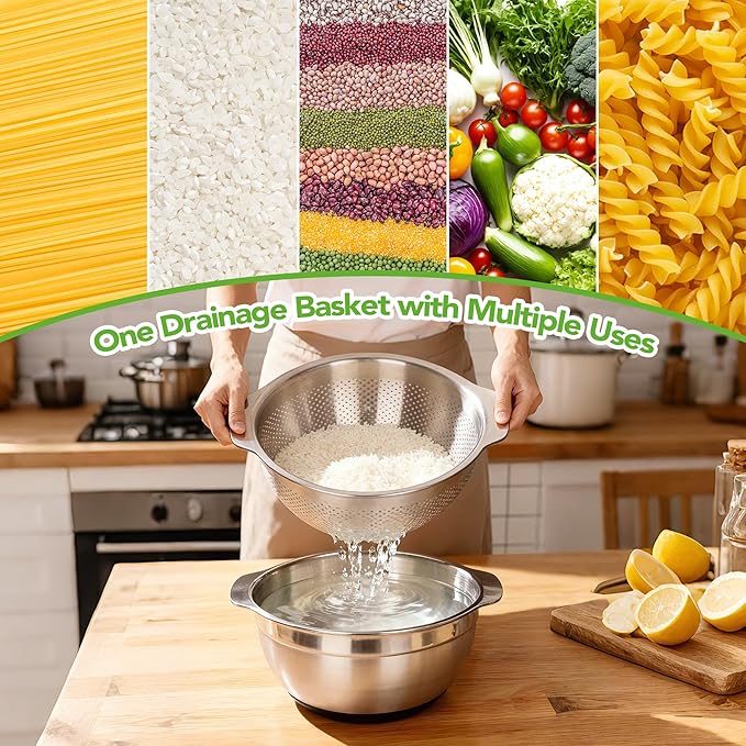 304 Stainless Steel Colander, 5 QT Large Capacity and 5QT Mixing Bowl, 2mm - Image 4
