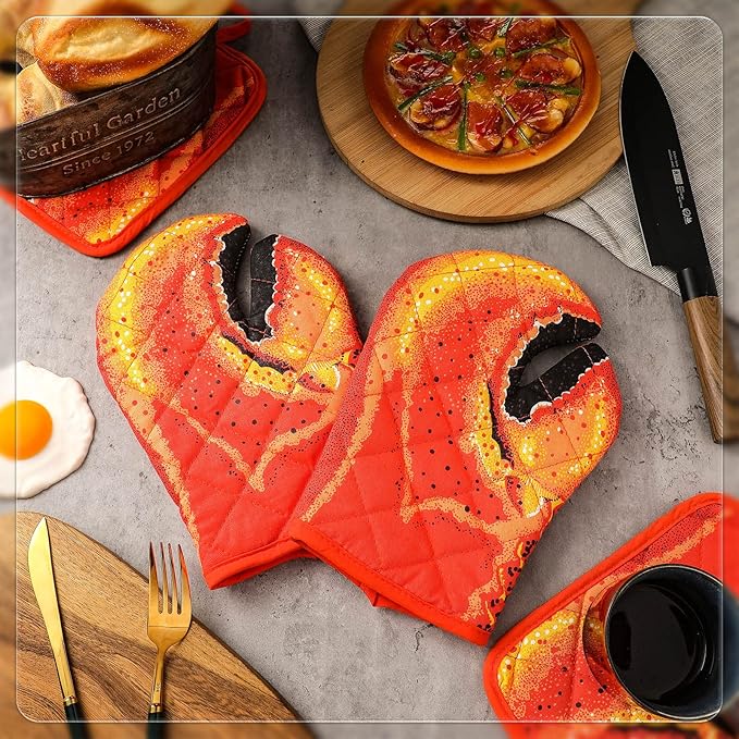 4 Pcs Lobster Claw Oven Mitts and Pot Holders Quilted Cotton Lining Design Heat - Image 7