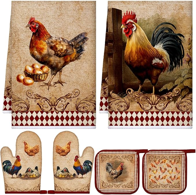 Leinuosen 6 Farm Rooster Farmhouse Kitchen Decor Dish Towels Oven Mitts and Pot by Leinuosen