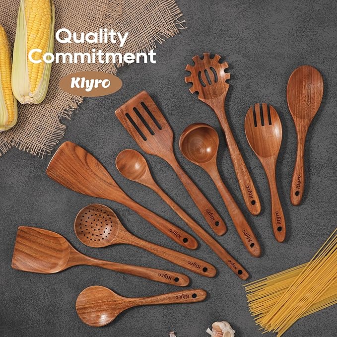 Teak Wooden Cooking Utensils Set, 10 Piece Premium Kitchen Cookware, - Image 7