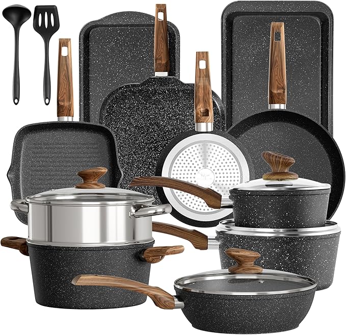 DishDelight 17 Piece Pots and Pans Set Non Stick, Nonstick Induction Granite by DishDelight