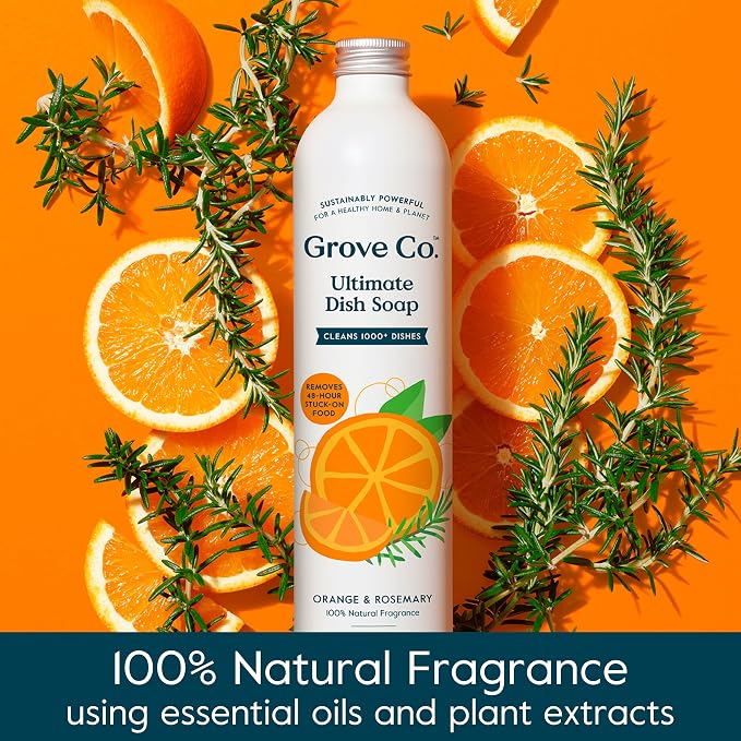 Grove Co. Dish Soap, 3 x 16 fl oz Refills + Refillable Glass Dispenser | Orange & Rosemary; Plastic-Free; Reusable dispenser; Refill format; Removes Stuck on Food; 98% plant-based ingredients