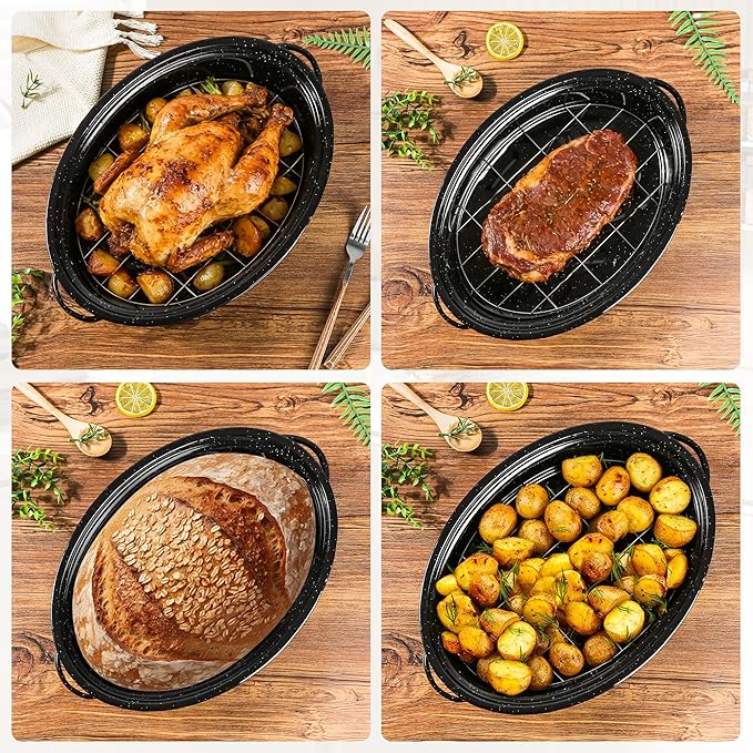 15” Roaster Pan with Lid and Rack, Small Enamel Roaster Pan with Oval Roasting - Image 6