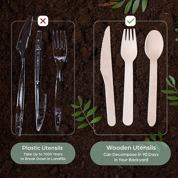 PURPLECLAY Wooden Disposable Utensils Set, Plastic-Free Cutlery - Image 3