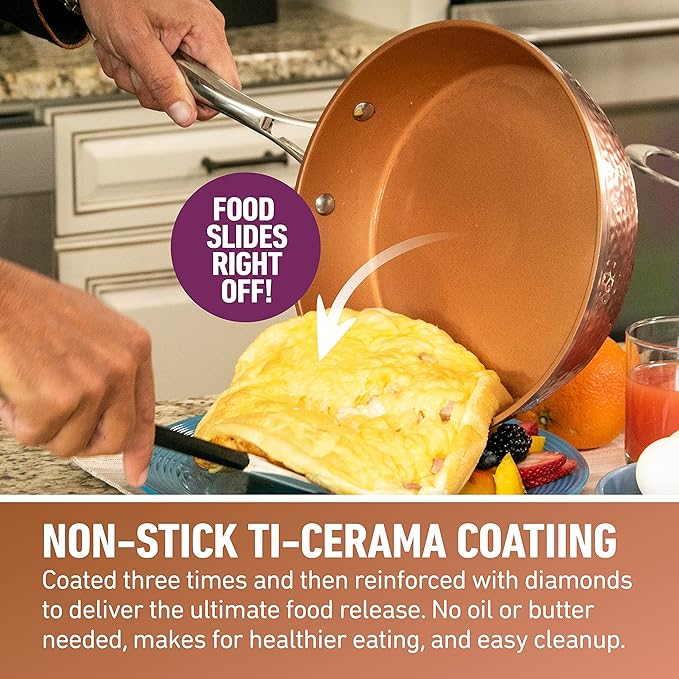 Gotham Steel Hammered Frying Pan Set, 3 Piece Nonstick Copper Fry Pans - Image 3