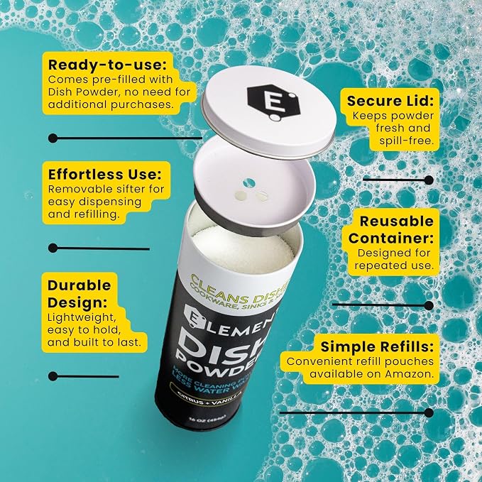 ELEMENT Dish Powder | Pre-Filled Refillable Shaker with Grease-Fighting Dish Soap | Liquidless, Plastic-Free | No Harsh Chemicals (16 OZ in Refillable Shaker, Citrus + Vanilla)