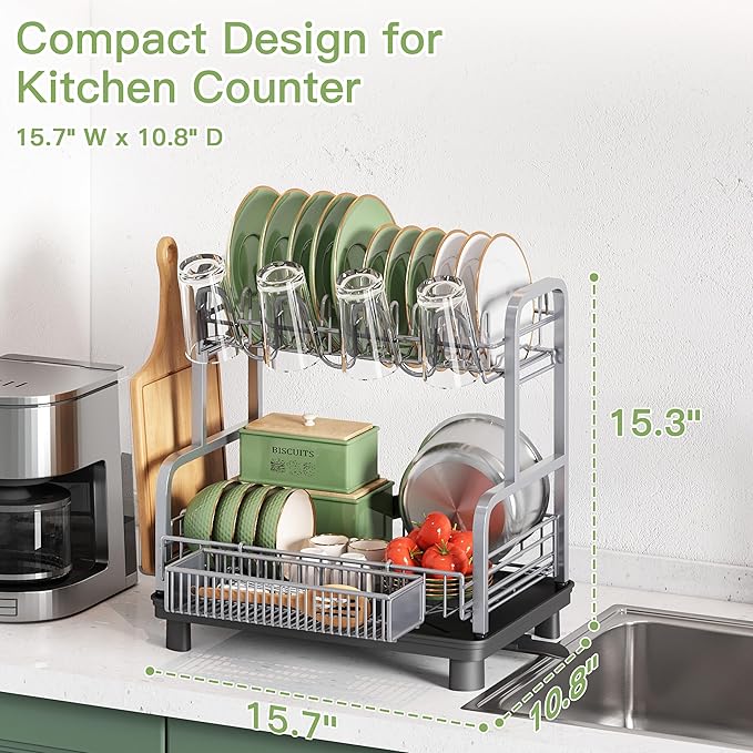 romision 2 Tier Compact Stainless Steel Dish Drainers Drying Rack - Image 7