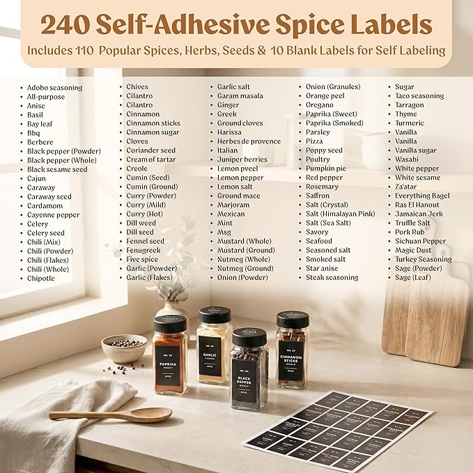 EDELHAUS Glass Spice Jars with Labels Spice Containers with 240 Labels - Image 6