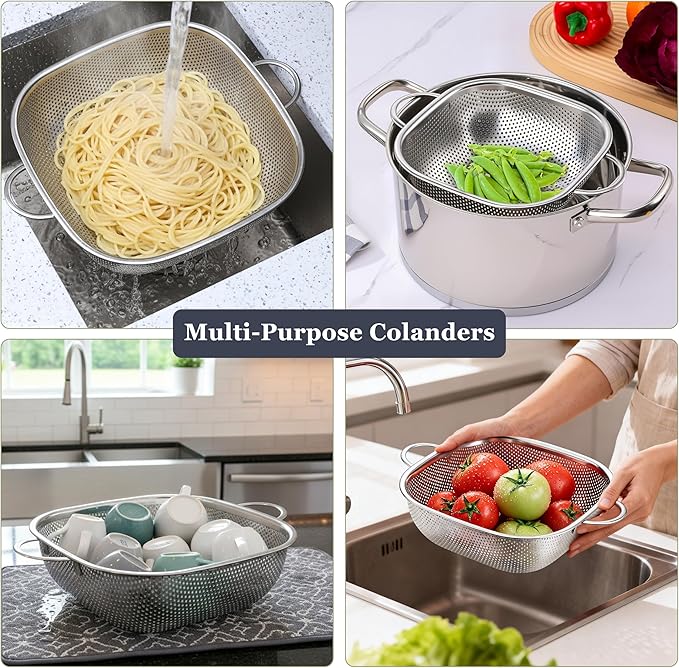 E-far 3 Pack Colander for Kitchen, Square Stainless Steel Metal Strainer - Image 4