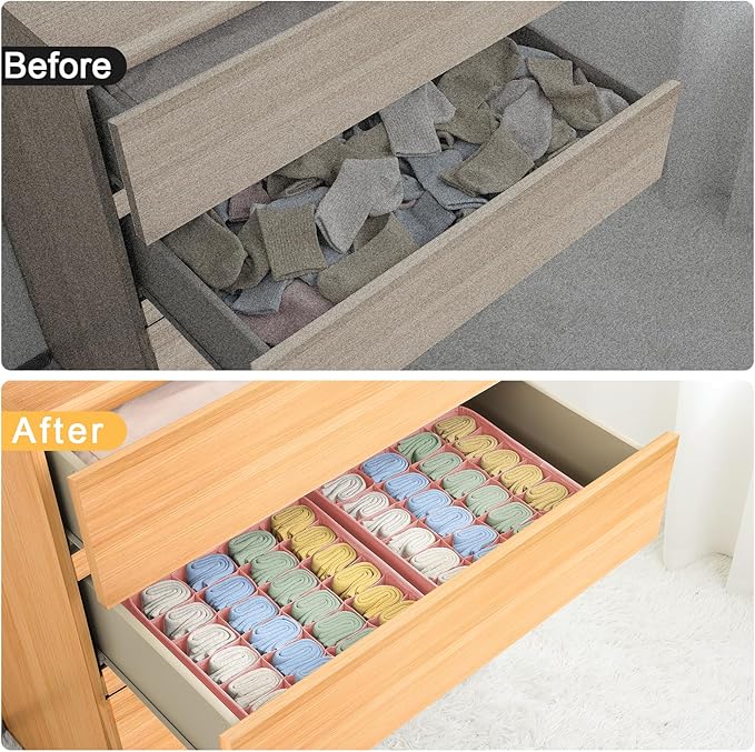 Joyoldelf 4-Pack Pink Fabric Dresser Drawer Organizers, 24-Cell Sock Drawer - Image 5