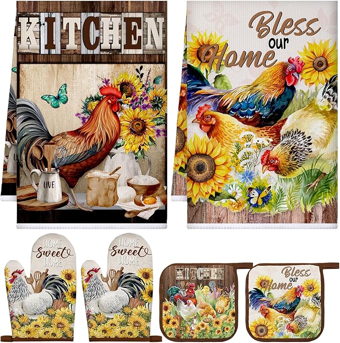 Leinuosen 6 Rooster Sunflower Farmhouse Kitchen Decor Dish Towels Oven Mitts by Leinuosen