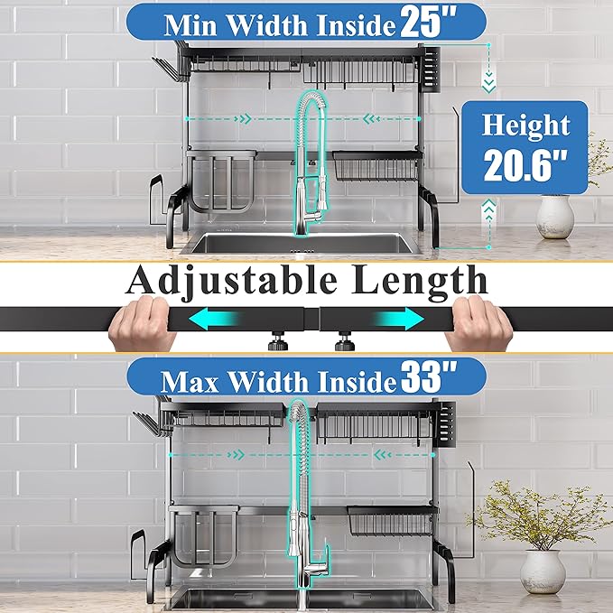 SAYZH Over The Sink Dish Drying Rack, Adjustable 2 Tier Metal Steel Dish Drying - Image 3